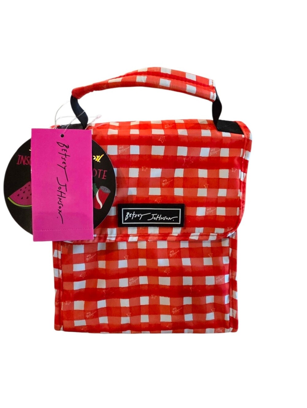 Betsey Johnson Insulated Lunch Tote Bag Red White Gingham Plaid Stars,NWT